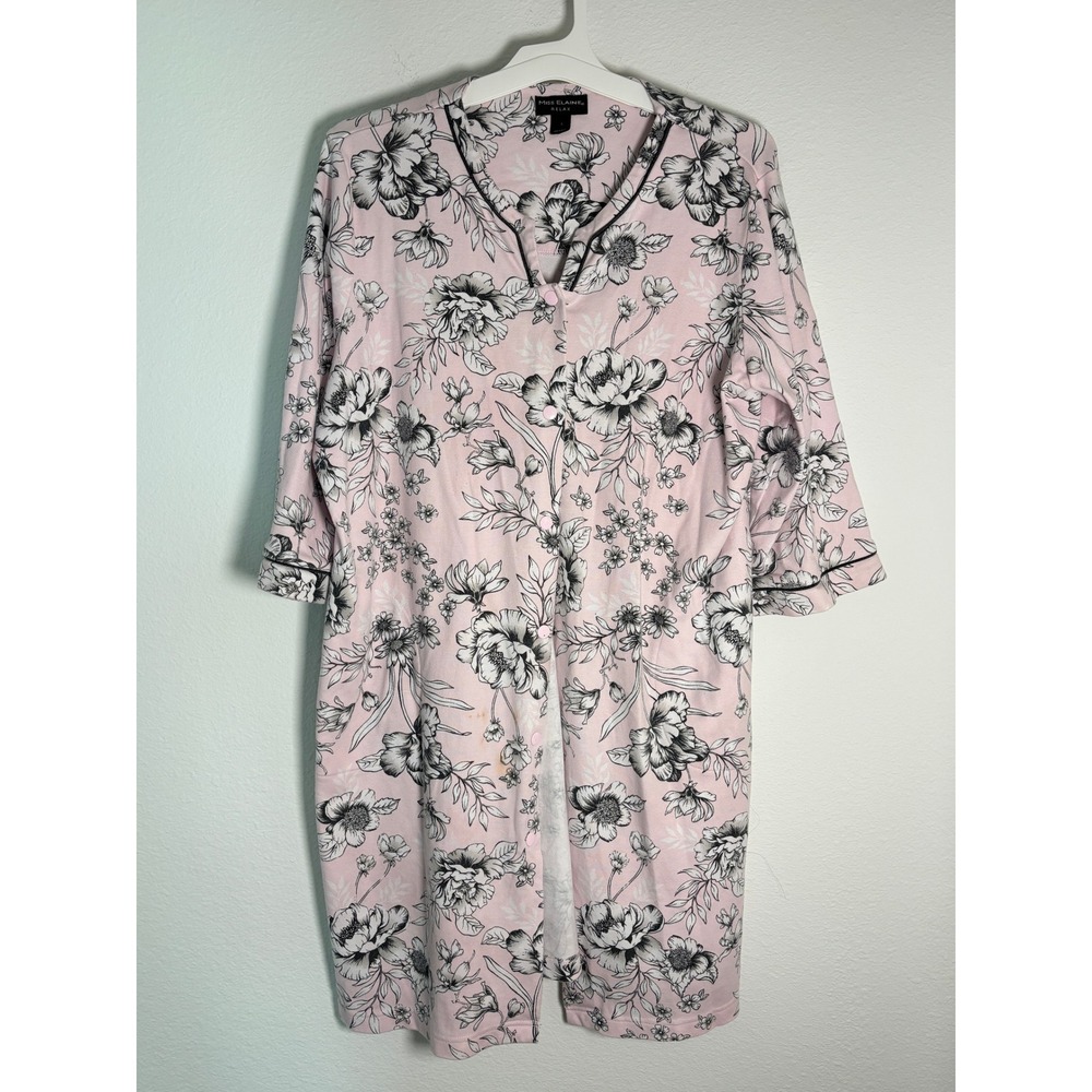 Miss Elaine Relax Pink Floral Snap Front Nightgown 3/4 Sleeve Sleep Dress Large